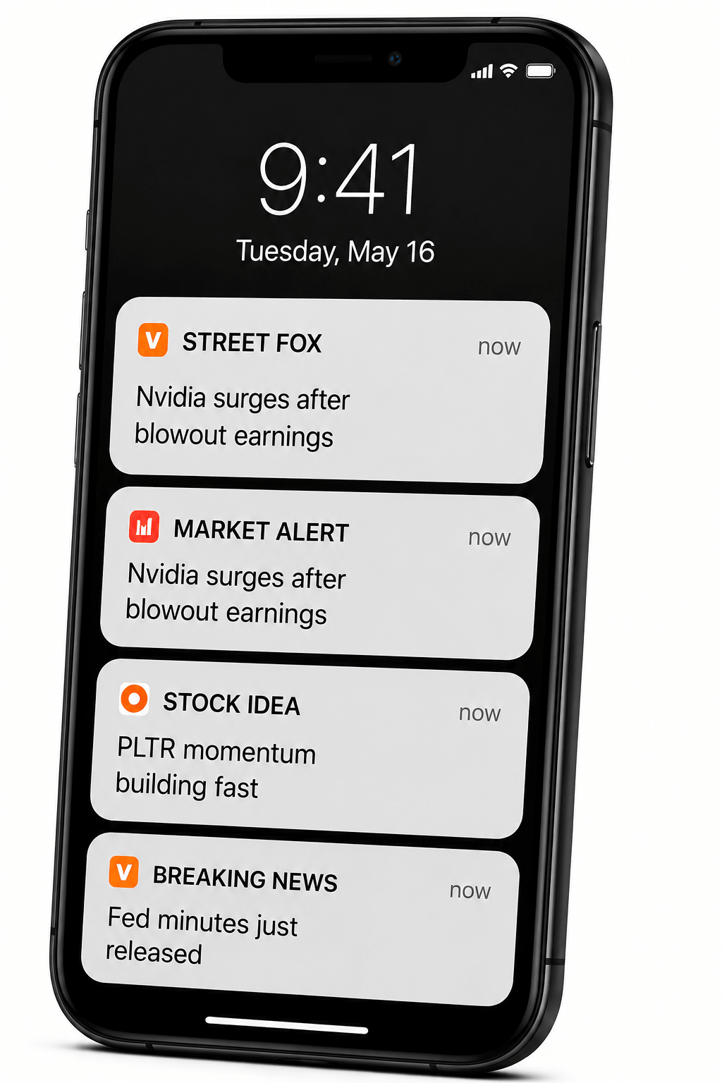 Street Fox market alert notifications on a phone